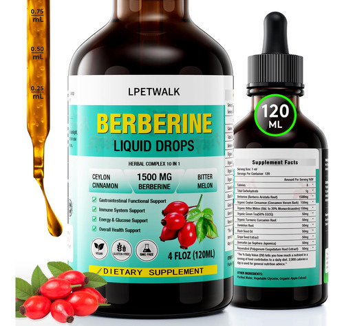 Suplemento Lpetwalk Berberine Liquid Drops 120ml Orgânico