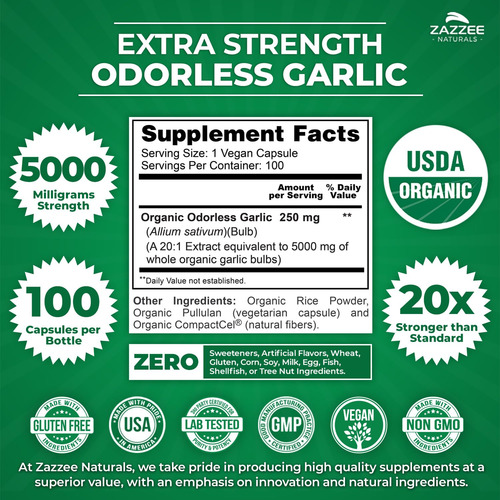 Suplemento Zazzee Usda De Alho Orgânico Inodoro 5000 Mg 100 - Imagem 3