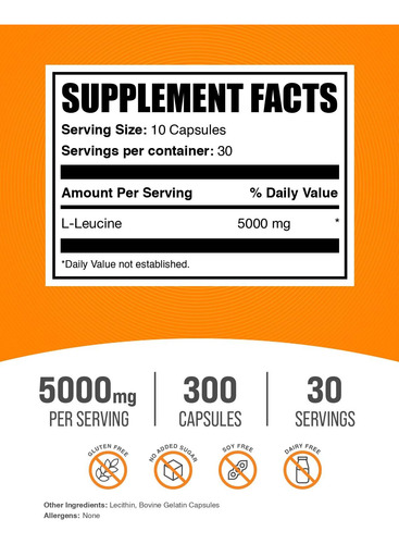 Suplemento Bulksupplements.com L-leucina 5000 Mg 300 Cápsula - Imagem 2
