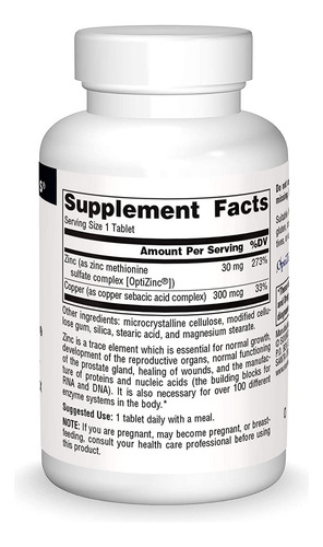 Comprimidos Source Naturals Optizinc, Zinco, Metionina, 240 - Imagem 3