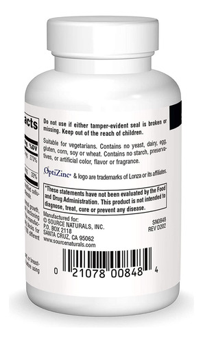 Comprimidos Source Naturals Optizinc, Zinco, Metionina, 240 - Imagem 2
