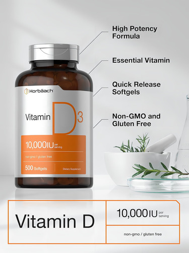 Vitamina D3 (10.000 UI, 500 unidades, tamanho grande, por exemplo, D116), sabor sem sabor - Imagem 3
