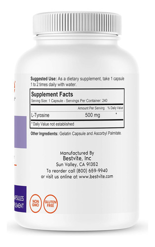 Bestvite L-tirosina 500 Mg (240 Cápsulas) - Sem Estearatos -