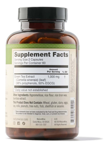 Suplemento De Extrato De Chá Verde Naturewise 1000mg 120 Cáp - Imagem 6