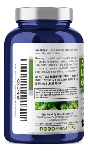 Suplemento De Ácido Alfa Lipóico Nusapure 600 Mg 180 Cápsula - Imagem 3
