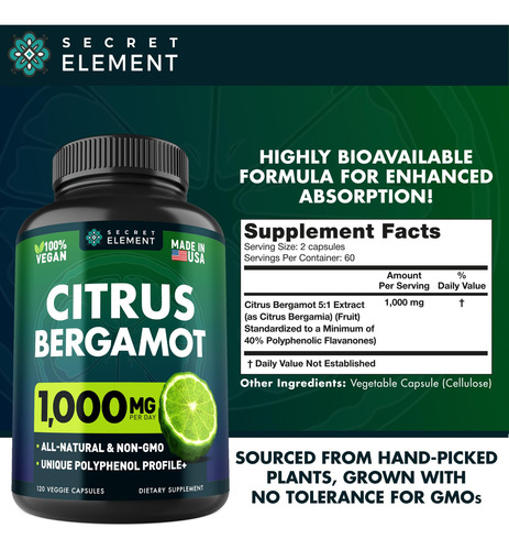 Suplemento Secret Element Citrus Bergamota 1000mg Vegan - Imagem 3