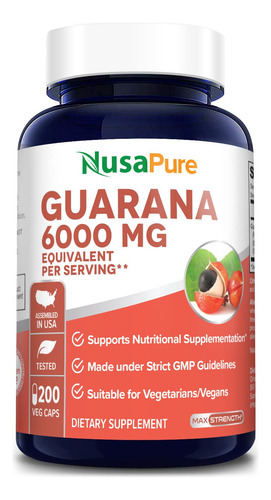 Suplemento Extrato De Guaraná Nusapure 6000mg 200 Cápsulas