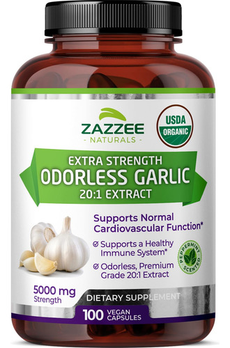 Suplemento Zazzee Usda De Alho Orgânico Inodoro 5000 Mg 100