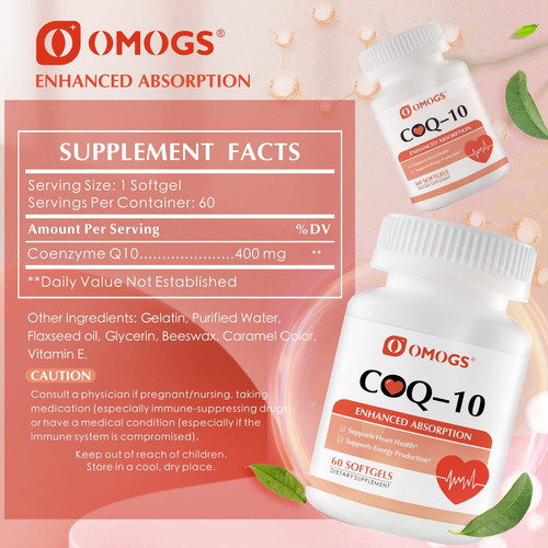 Suplementos Omogs Coq10 400mg Softgels Para Saúde Cardíaca D - Imagem 2