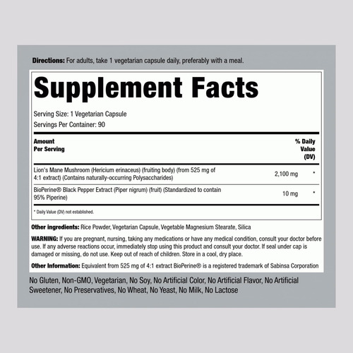 Cápsulas De Suplemento Piping Rock Lions Mane 2100 Mg 90 Uni - Imagem 2