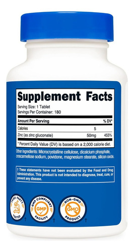 Suplemento Nutricost Gluconato De Zinco 50 Mg 180 Comprimido - Imagem 2