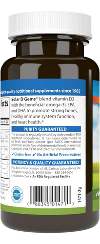 Carlson Labs Solar D Gems Vitamina D3 Natural, 2.000 Ui, 120 - Imagem 3