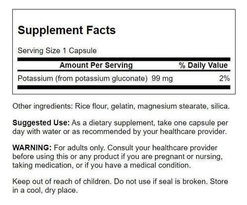 Suplemento Gluconato De Potássio Swanson 99mg 250 Cápsulas - Imagem 2