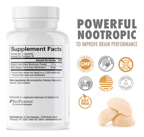 Suplemento Dr. Emil Nutrition Lion"s Mane, Cápsulas De 2100 - Imagem 4