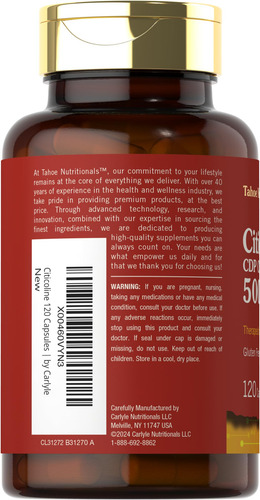 Suplemento Tahoe Nutritionals Citicoline 500 Mg 120 Cápsulas - Imagem 3