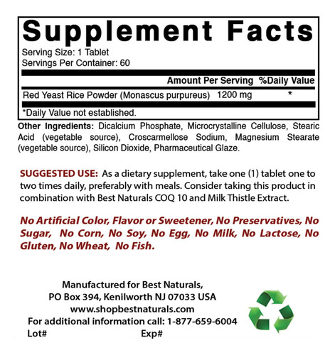 Suplemento Best Naturals Red Yeast Arroz 1200 Mg 120 Comprim - Imagem 2