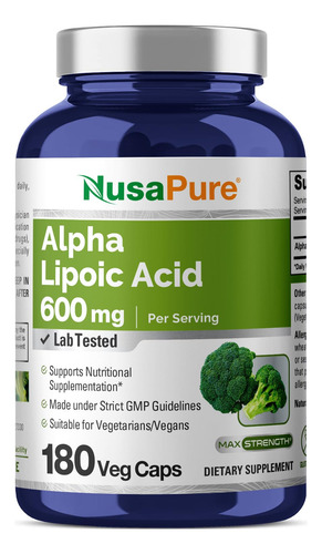Suplemento De Ácido Alfa Lipóico Nusapure 600 Mg 180 Cápsula