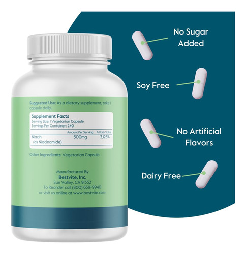Suplemento Bestvite Niacinamida 500 Mg 240 Cápsulas - Imagem 2