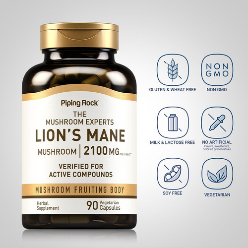 Cápsulas De Suplemento Piping Rock Lions Mane 2100 Mg 90 Uni - Imagem 3