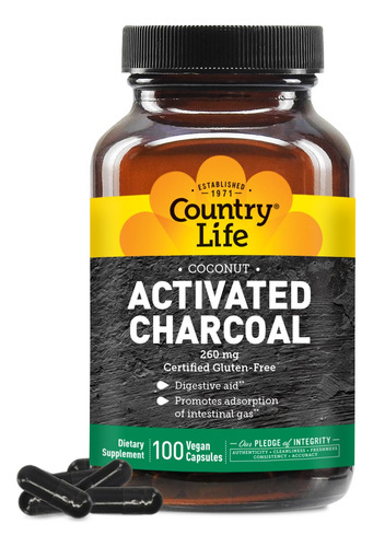 Suplemento De Carvão Ativado Country Life 260 Mg 100 Cápsula