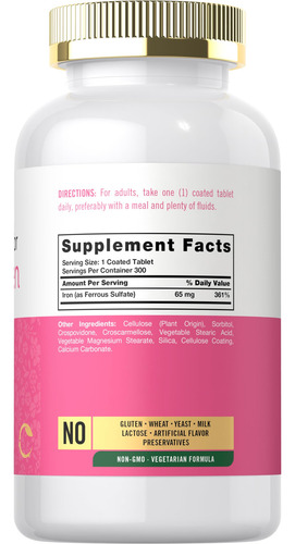 Suplemento De Ferro Para Mulheres 65 Mg 300 Comprimidos Carl - Imagem 2