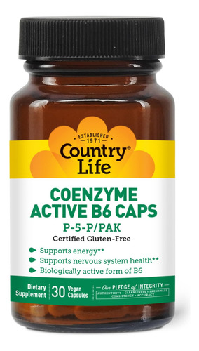 Country Life Coenzyme Active B-6 50mg, 30 Cápsulas Veganas,