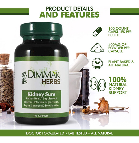 Suplemento De Saúde Dimmak Herbs Kidney Sure 100 Cápsulas 40 - Imagem 2