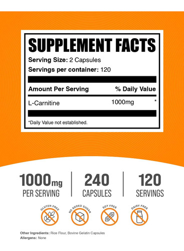 Suplemento Bulksupplements.com L-carnitina 1000 Mg 240 Cápsu - Imagem 2