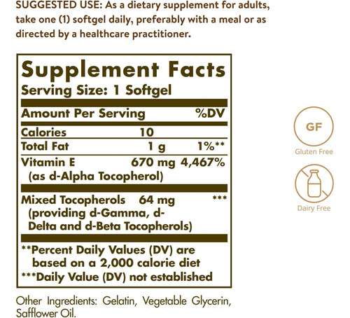Solgar Vitamina E 670 Mg (1000 Ui), 100 Cápsulas Gelatinosas - Imagem 2