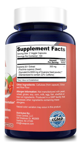 Suplemento Extrato De Guaraná Nusapure 6000mg 200 Cápsulas - Imagem 2