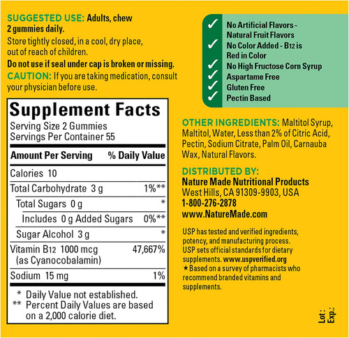 Nature Made Zero Sugar Energy Vitamina B12 Gomas 1000 Mcg Po - Imagem 6