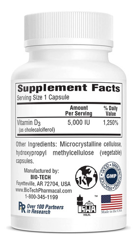 Suplemento Bio-tech Pharmacal Vitamin D3 5000 Ui 250 Cápsula - Imagem 3