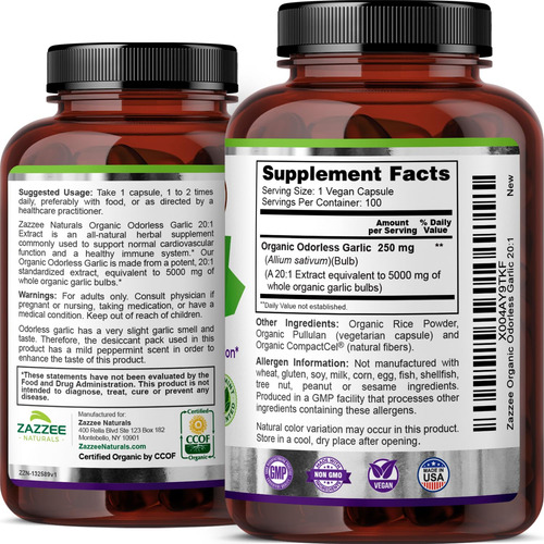 Suplemento Zazzee Usda De Alho Orgânico Inodoro 5000 Mg 100 - Imagem 8