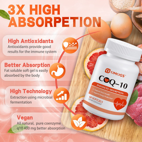 Suplementos Omogs Coq10 400mg Softgels Para Saúde Cardíaca D - Imagem 3