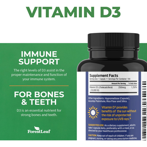 Suplemento De Vitamina D3 Forestleaf 10.000 Ui 180 Cápsulas - Imagem 3