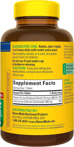 Suplemento Nature Made Cálcio 600mg Com Vita D3 220 Tabletes - Imagem 5