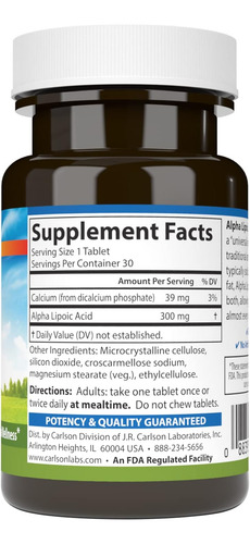 Carlson - Ácido Alfa Lipóico, 300 Mg, Produção De Energia, A - Imagem 2