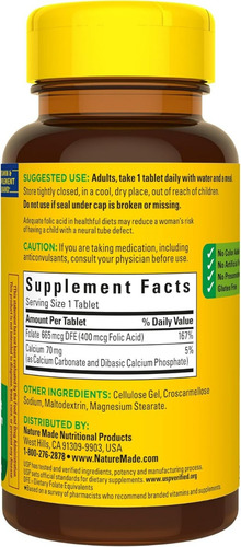 Suplemento Nature Made Ácido Fólico 400 Mcg 250 Comprimidos - Imagem 2