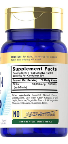 Suplemento Carlyle Biotin 10000mcg 250 Comprimidos Dissolvid - Imagem 2