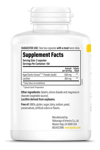 Suplemento Kyolic Aged Alho Extract Formula 104 300 Cápsulas - Imagem 3