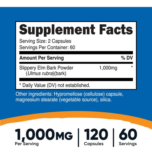Cápsulas De Casca De Olmo Escorregadio Nutricost 1000mg - Imagem 3