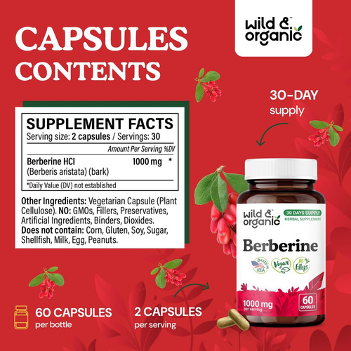 Suplemento De Berberina Orgânica Wild & Organic 1000 Mg - 60 - Imagem 4