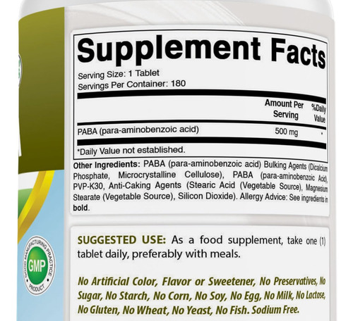 Naturals Natural Paba 500 Mg 180 Comprimidos - Imagem 4