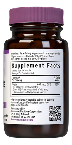 Bluebonnet Metilfolato 400 Mcg Vegano E Sem Glúten, 60