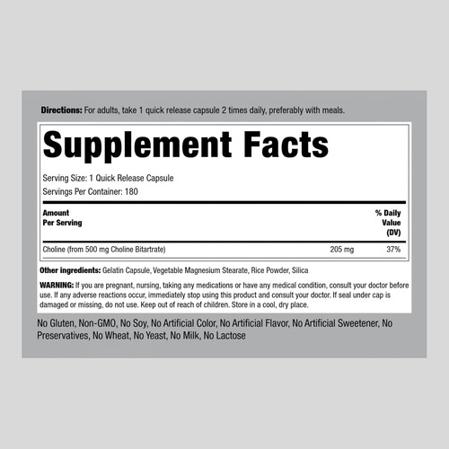 Piping Rock Bitartarato De Colina 500mg | 180 Cápsulas | Sup - Imagem 2