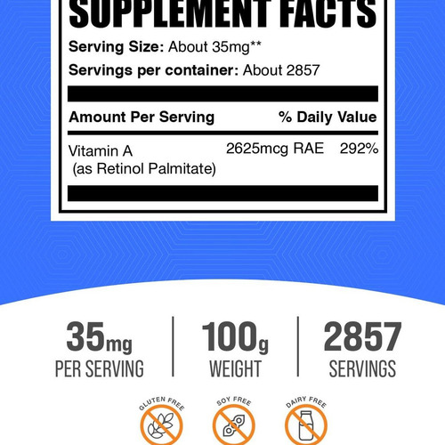 Vitamina A Em Pó De Palmitato Bulksupplements - 100g - Imagem 3