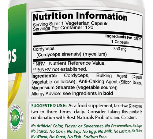 Pó De Cogumelo Cordyceps Sinensis Da Naturals 750 Mg 120 Cáp - Imagem 3