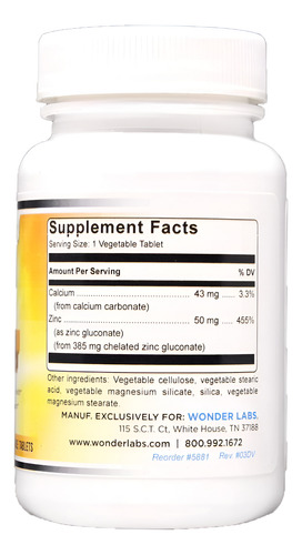 Gluconato De Zinco Quelatado Wonder Laboratories 50 Mg - 100