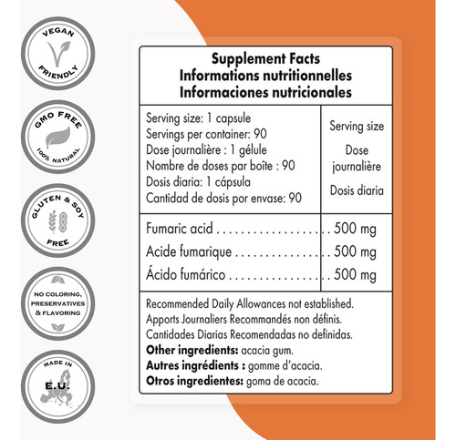 Suplemento Supersmart Ácido Fumárico 500mg 90 Cápsulas - Imagem 3
