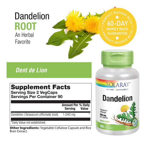 Suplemento Solaray, Raiz De Dente-de-leão, 1040 Mg, 180 Cáps - Imagem 3